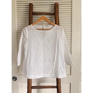 Uniqlo White Eyelet Cotton 3/4 Sleeve Top Women Size S Casual Everyday